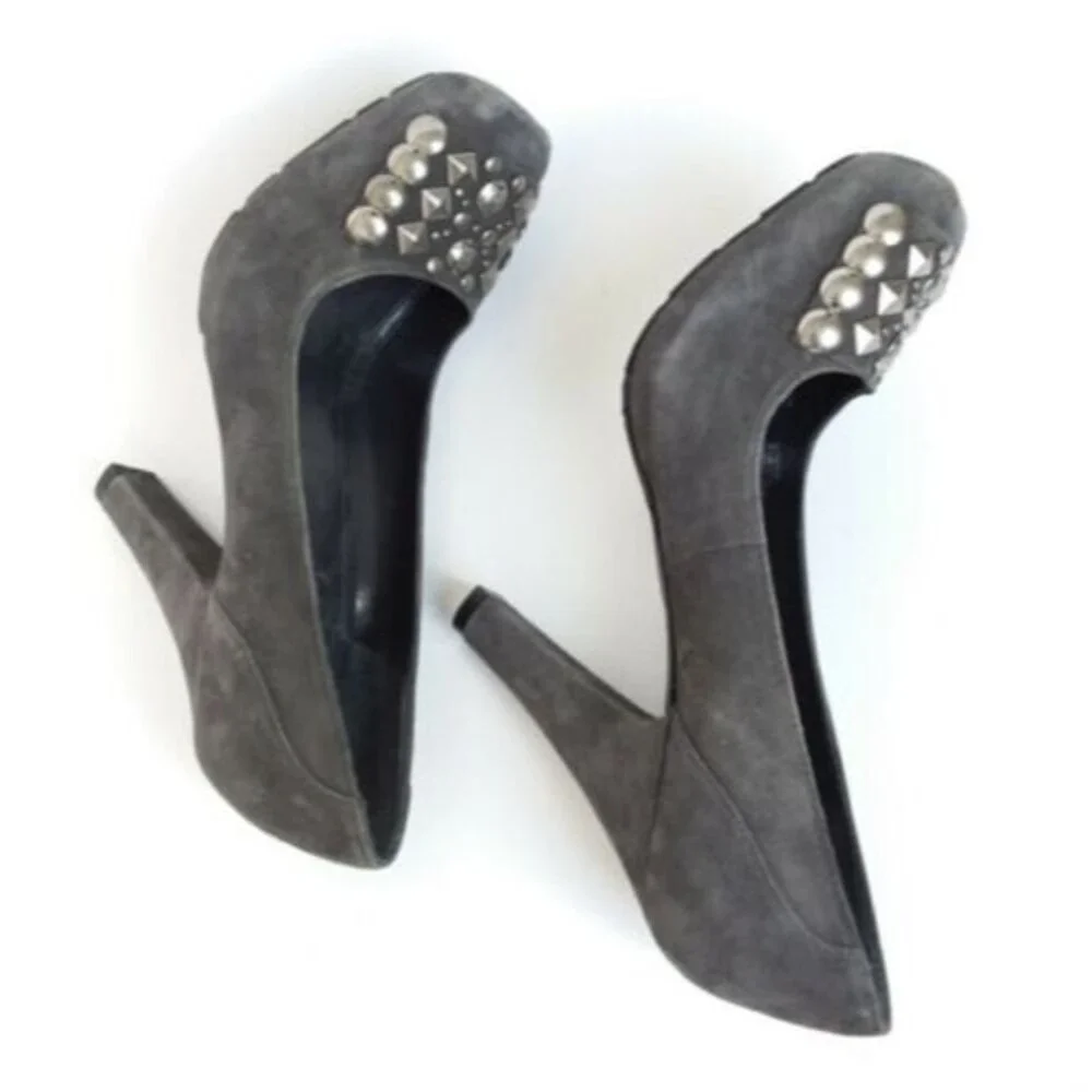BCBG Galena Suede Square-toe Embellished Heels Gray 7.5